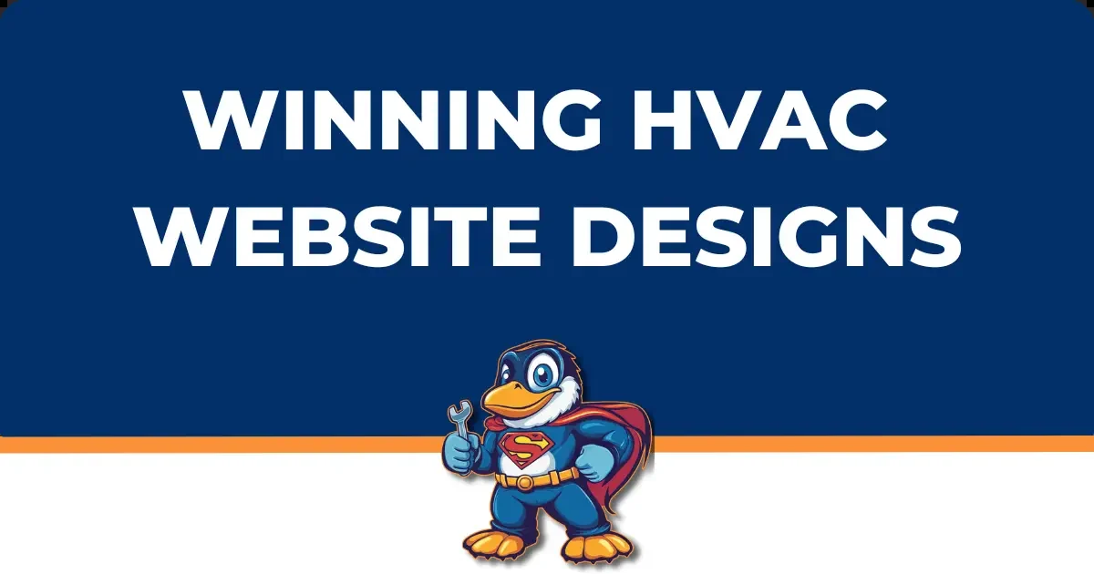Cover: Winning HVAC Website Designs, with a cartoon superhero mascot holding a wrench