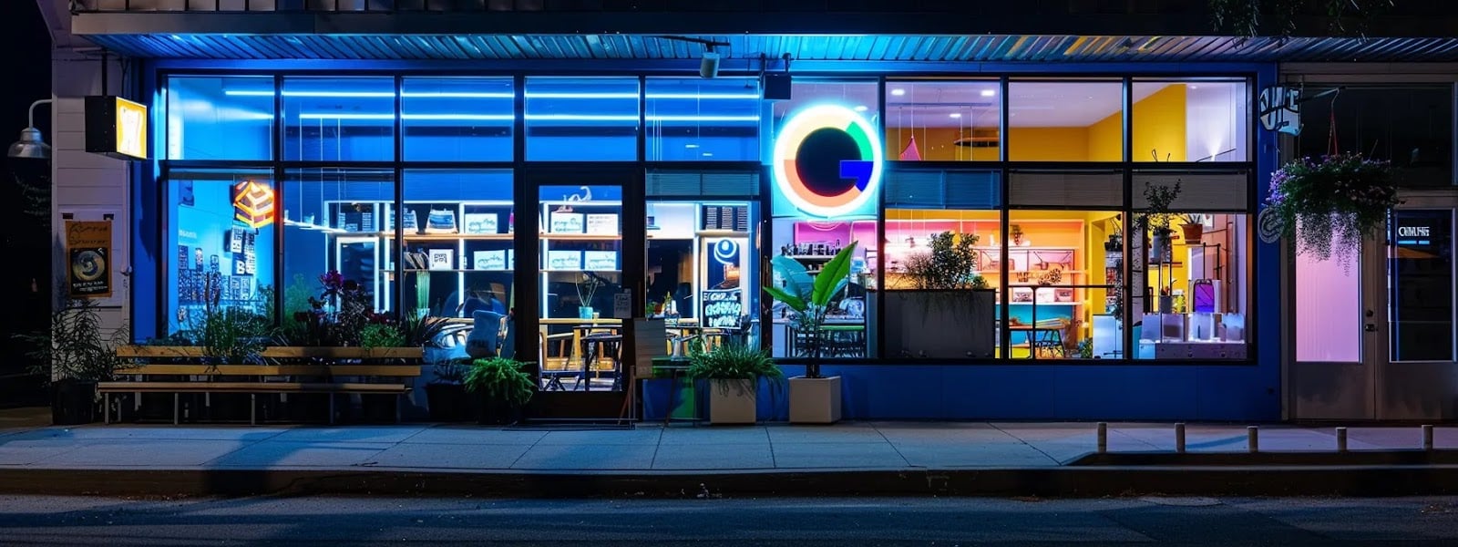 Local SEO Tactics For HVAC Contractors to Maximize Visibility a vibrant storefront with a glowing google my business logo prominently displayed, highlighting a well-optimized profile for maximum exposure.